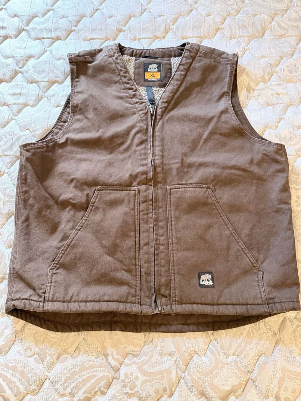 Berne High Country V-Neck Sherpa Lined Canvas Workwear Vest Brown XL